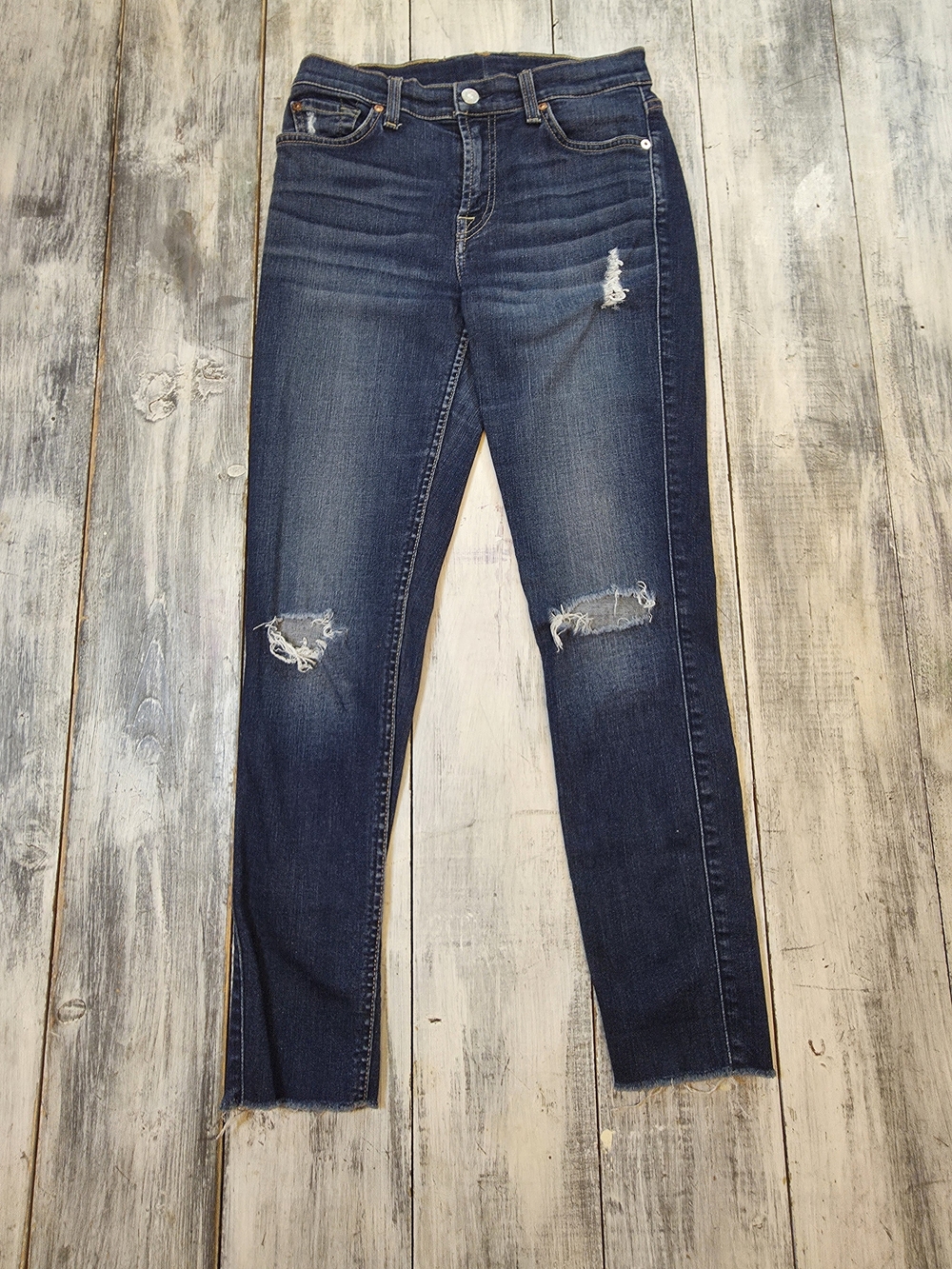 7 For All Mankind Women's Dark Blue Skinny Distressed Jeans w Raw Hem sz 27